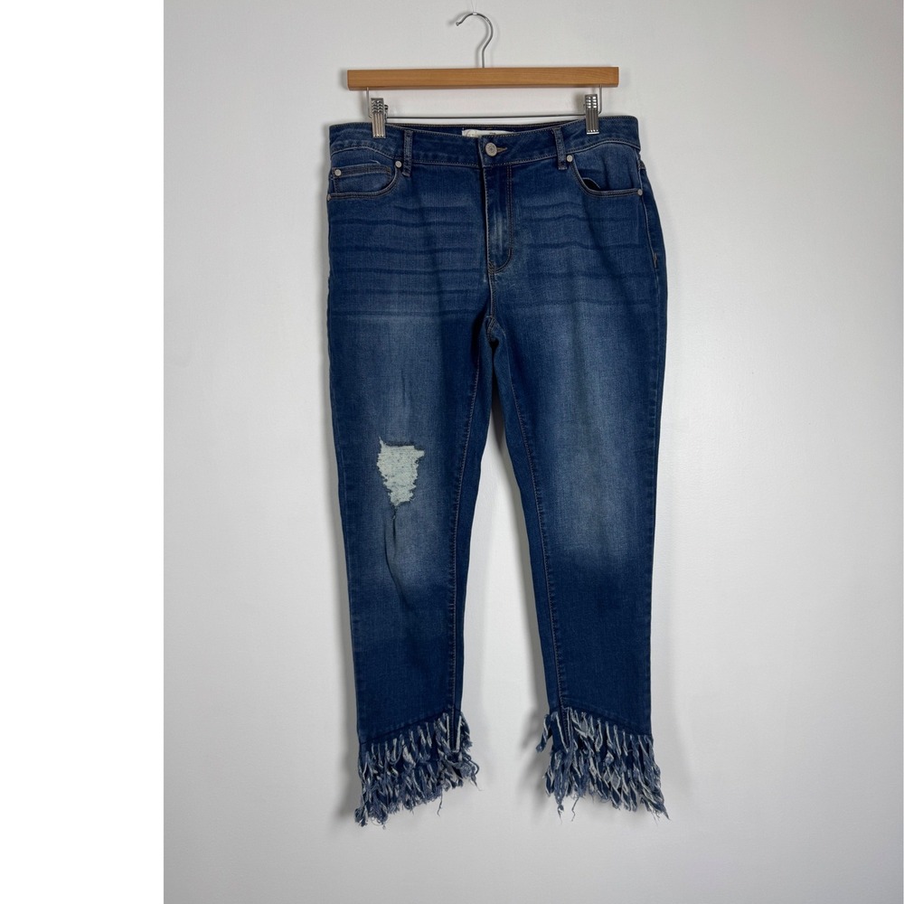 Boho Est. 1946 Denim Womens 12 Jeans Blue Fringe Hem Distressed Mid Rise